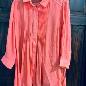 Alafani Women's Coral Button-Up‎ Blouselarge pleated